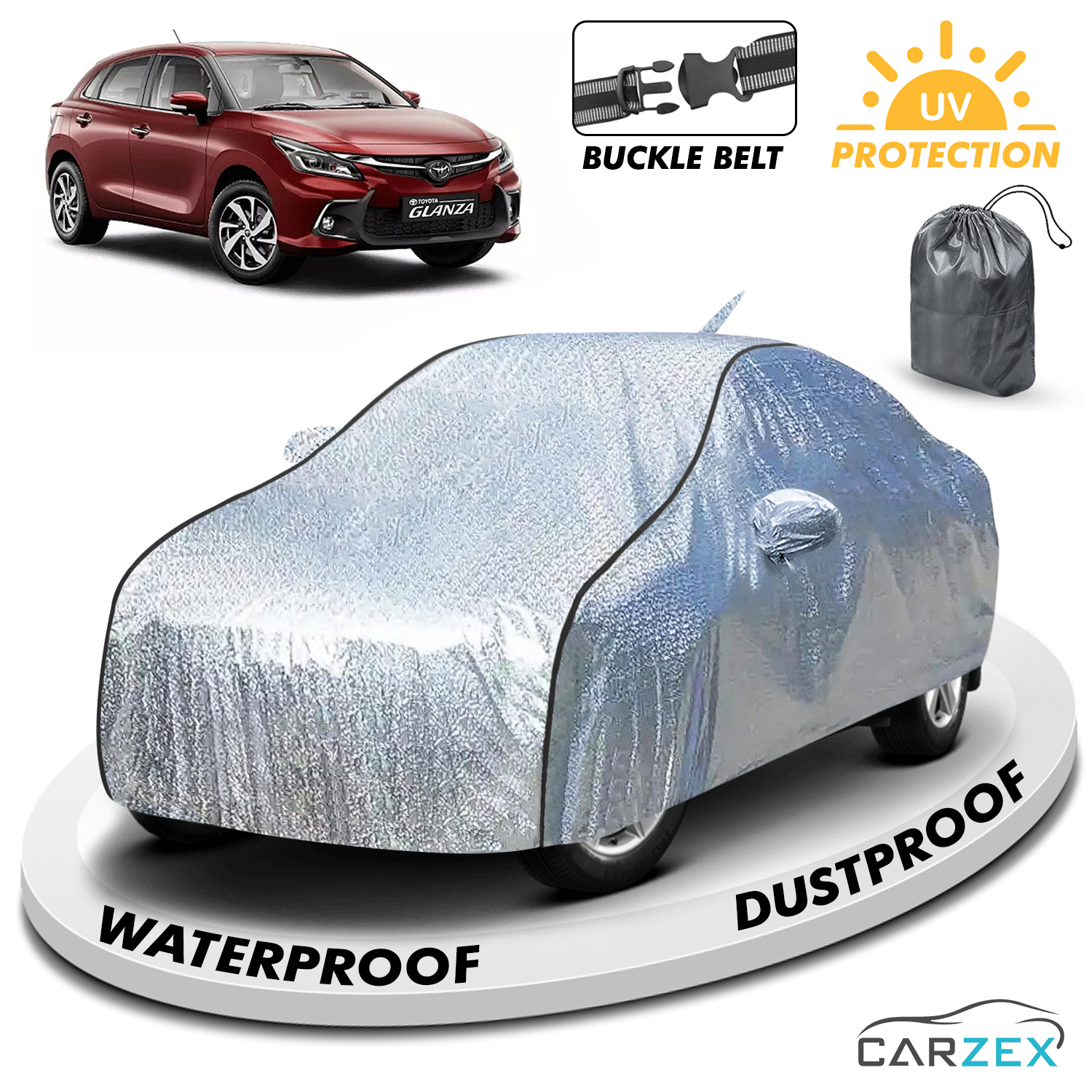 Carzex Waterproof & Heat Resistant Metallic Silver With Black Border Car Body Cover with Mirror & Antenna Pockets For Toyota Glanza New